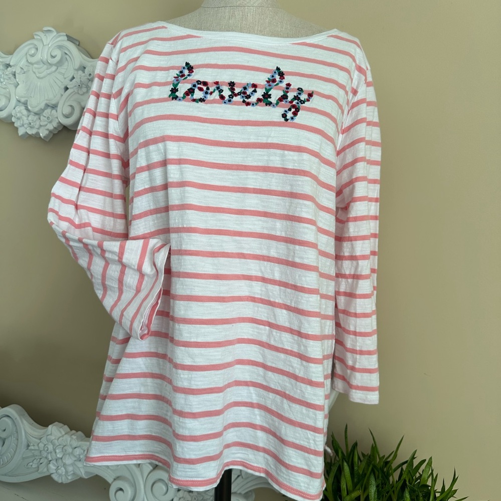 Talbots Pink and White Striped 3/4 Sleeve Lovely shirt XL Petite